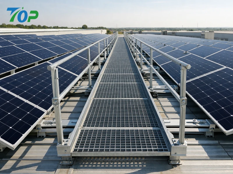 Solar walkway system integrated between rooftop photovoltaic panel arrays