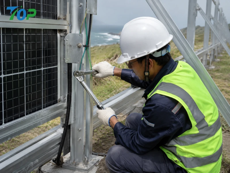 EPC worker installing reinforced PV fence using torque wrench in coastal environment
